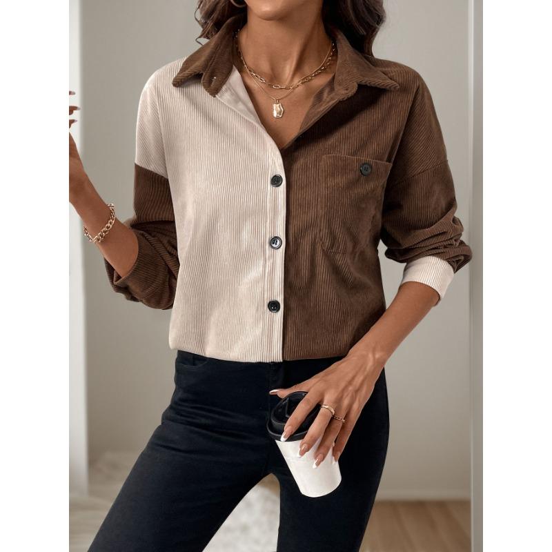 Maglia a collo alto Patchwork Vintage in Velluto a Coste Primavera Autunno Donna Larga Casual Versatile Cardigan Blusa Top