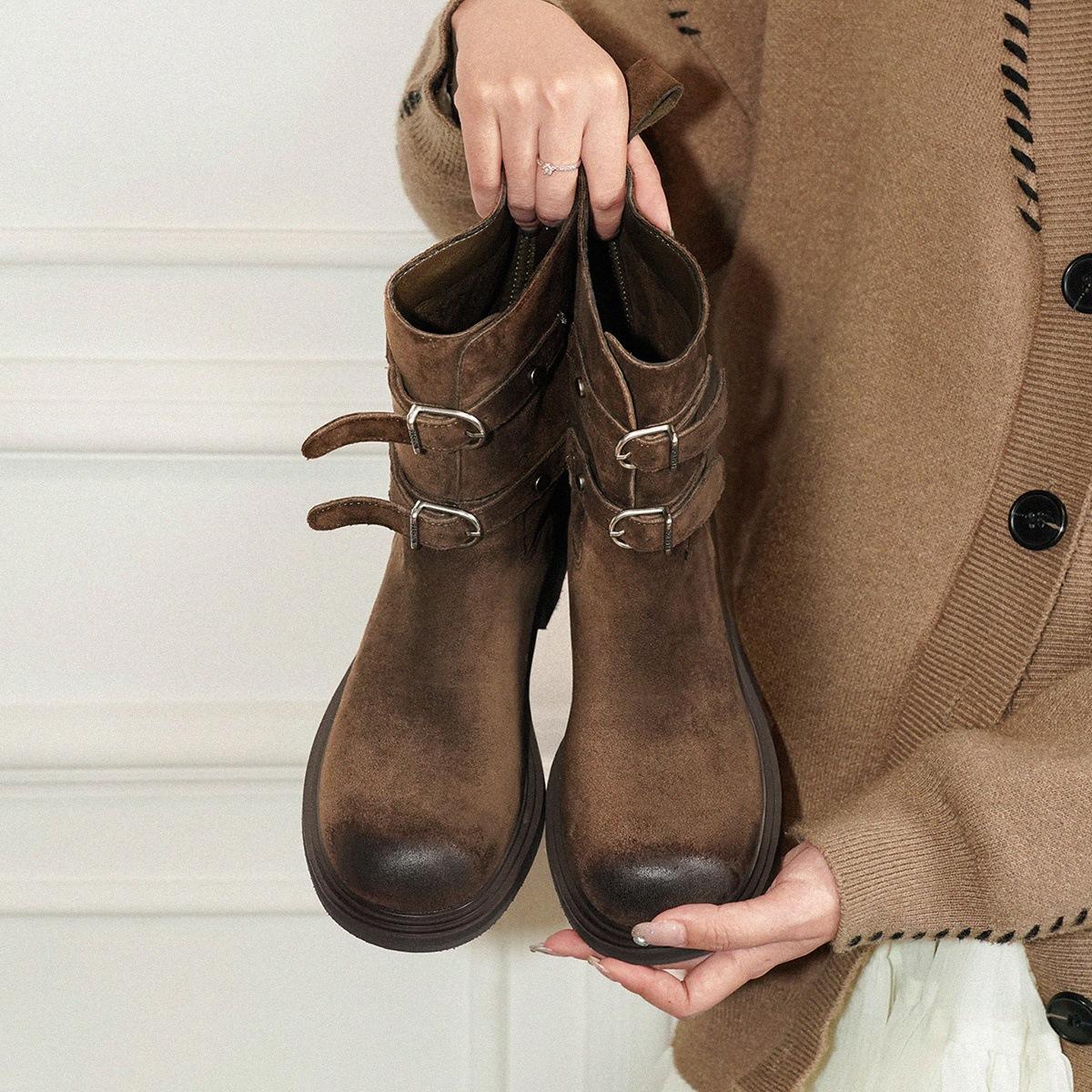 

Sheepskin version~ retro polished belt buckle western cowboy boots slim short boots women s Maillard Martin boots locomotive boots 35