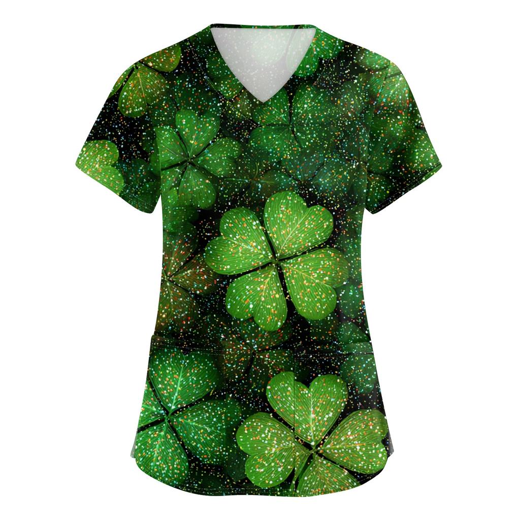 Women's V-neck St. Patrick's Day Printed Short-sleeved Pocket Side-slit Protective Suit Top