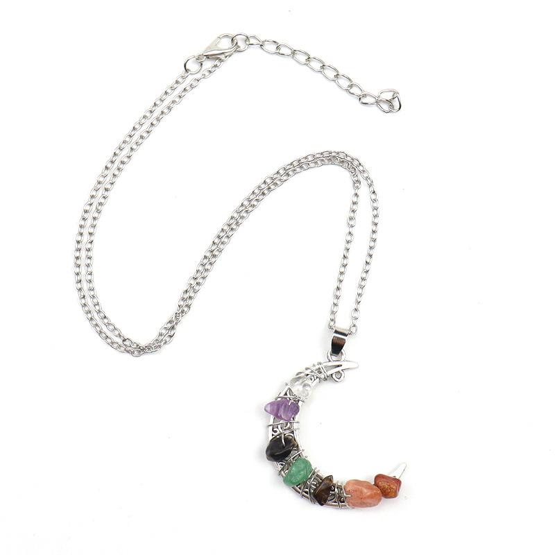 Vintage Handmade Colorful Beaded Gravel Crystal Amethyst Moon Pendant Necklace N551