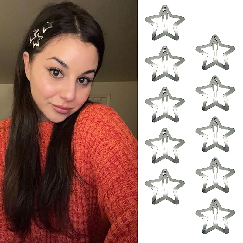 12 PCS 1.61 Star Hair Clips Snap Hair Barrettes Non Slip Star Hair Accessories Women 2000s Y2K Silver Metal Hair Clips 1.22IN - Silver - 10 PCs