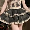 Fusta mini neagră cu volane Y2K Femei Fuste cu pliuri din mozaic coreeană Japoneză Kawaii cu talie înaltă Fusta se potrivește cu o linie