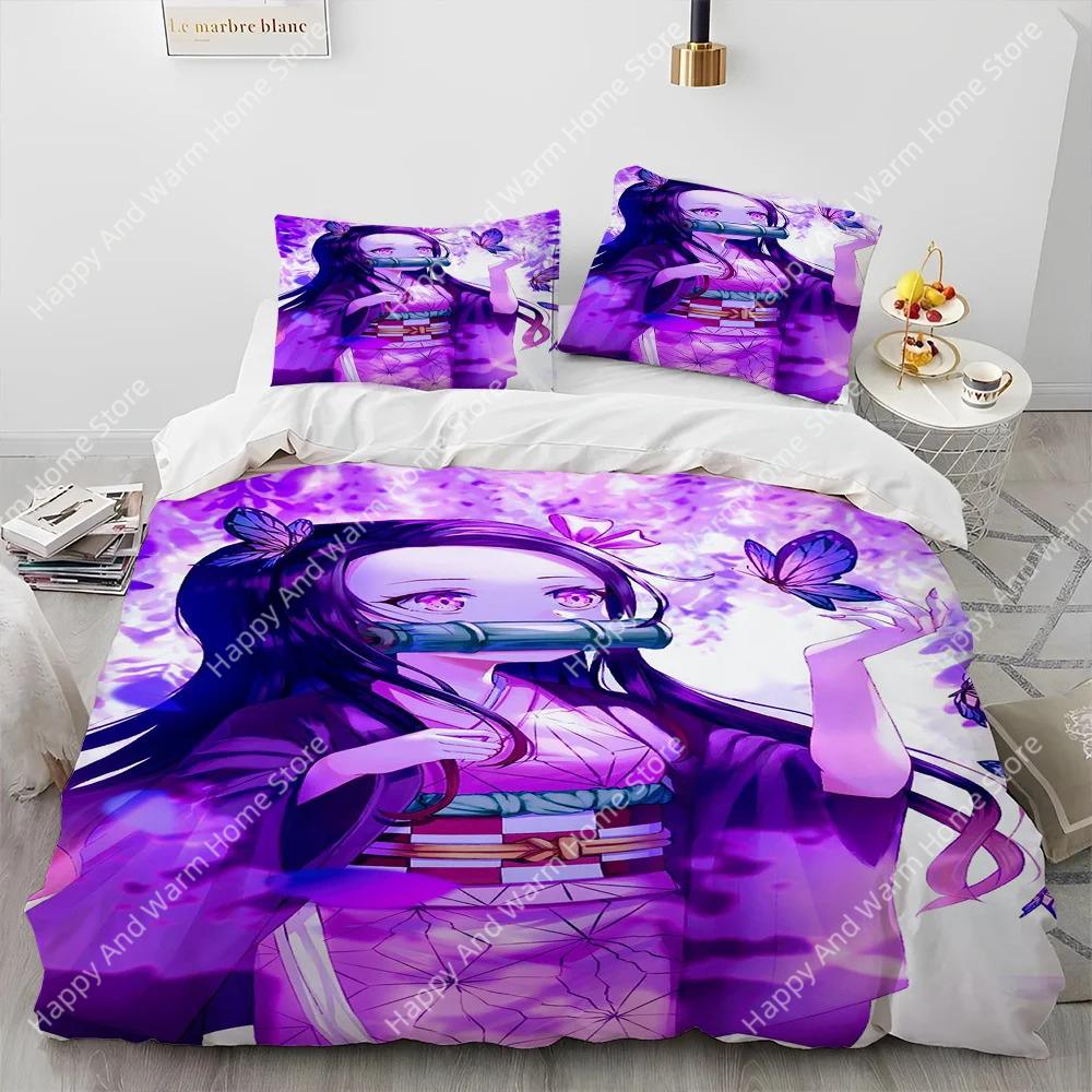 Demon Slayer Beding Set Kamado Nezuko Soft Duvet Cover Set Bedspread Pilowcase King Quen Ful Single Sized Dimensions Bed Linen Young Boys Ten Gift