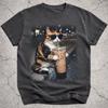 Calico Cat Drinking Iced Coffee Shirt, Funny Cat Coffee Meme Tee, Silly Cat Graphic T-Shirt, Novelty Coffee Lover Gift for Cat Mom Dad