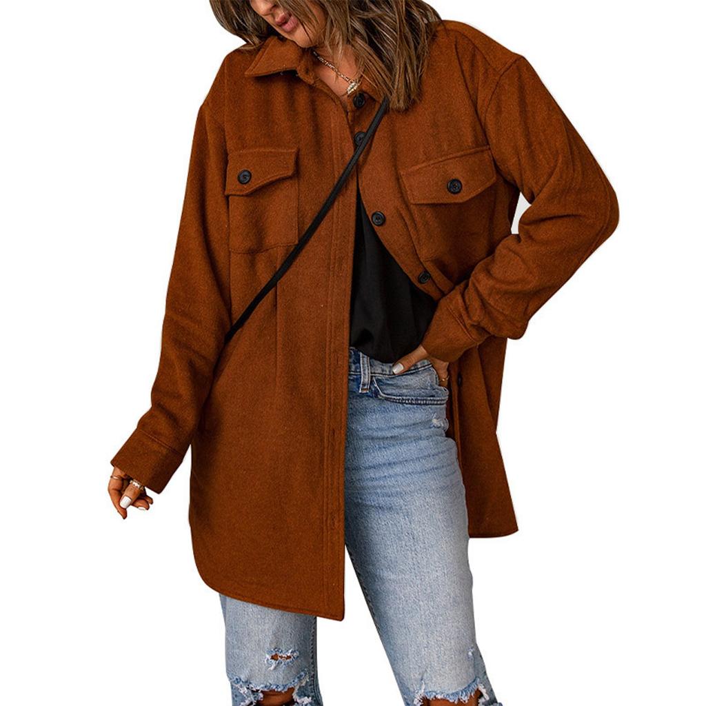 Fashion Women Fall And Winter Solid Color Button Coat Jacket Casual Loose Fleece Sweater Coat