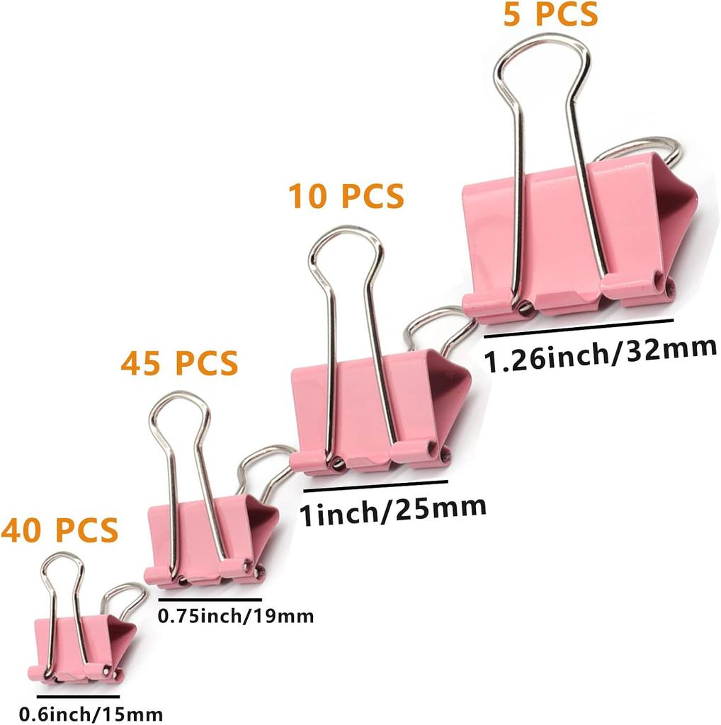 Binder Clip Paper Clamps Assorted Sizes Mini Small Medium Large 100 Pcs Clips for Office School Supplies Pink