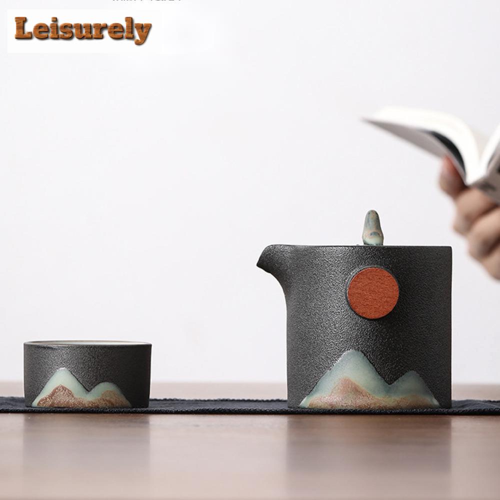 200ml Japanese Hand-painted Mountain Gaiwan Ancient Black Pottery Rough Tea Tureen Tea Making Cover Bowl Drinkware Collection