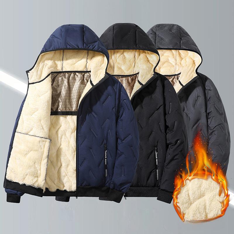 Cotton-padded Jacket Men's Lamb Velvet Winter Plus Velvet Thick Hooded Padded Jacket Middle-aged Plus Size Padded Jacket
