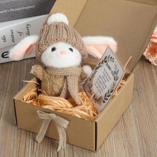 Mini-Häschen-Umarmung, Ostergeschenk, Plüsch-Kaninchenpuppe mit Strickmütze und Bommeltasche, emotionales Unterstützungstier mit Geschenkbox, inspirierende Karte