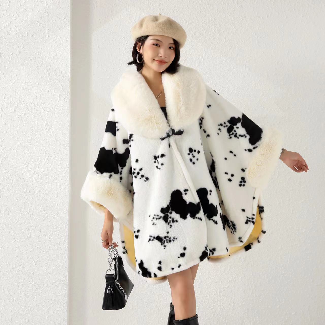 

Воротник из искусственной шерсти кролика-выдры средней длины, накидка-шаль, женский свободный кардиган с принтом и рукавами «летучая мышь», большой размер, твидовый пиджак One size белый