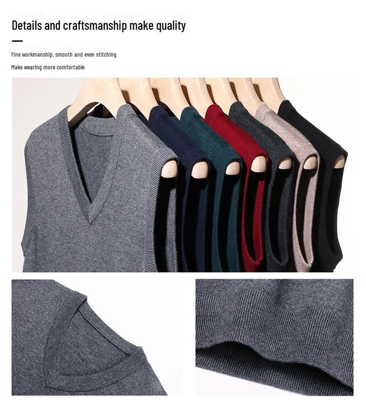 Men's Wool V-Neck Sleeveless Sweater - Solid Color Business Casual Knitwear for Spring and Autumn