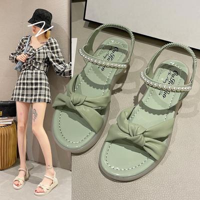 Summer Sandals Women's Bow Fashion Elegant Pearl Breathable Open Toe Roman Shoes Outdoor Vacation Casual Flat Women's Shoes