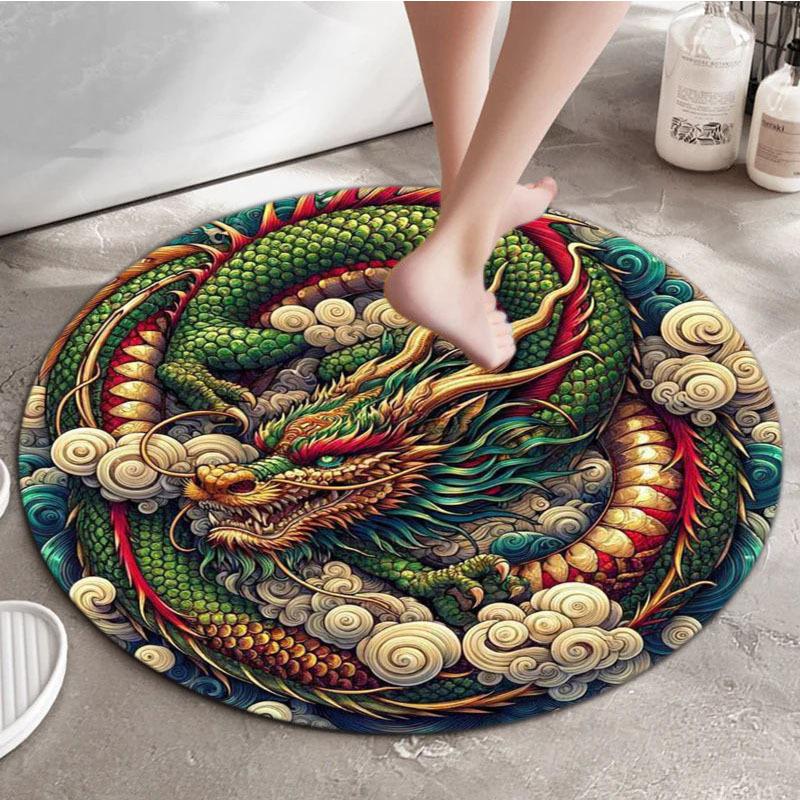 Mystical Dragon Round Area Rug, Polyester Decorative Mat for Office Living Room Bedroom Yoga Balcony Travel, Washable Carpet