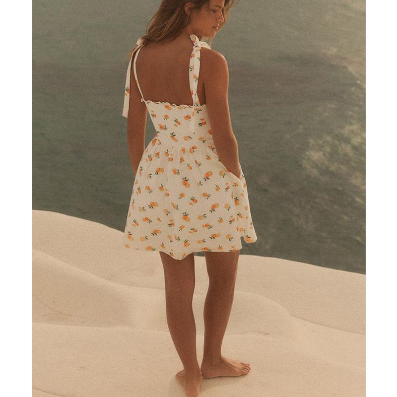 Summer New Women clothes French style Heart-Shaped Collar Sleeveless Orange Print Poplin Sling Dress 3152386