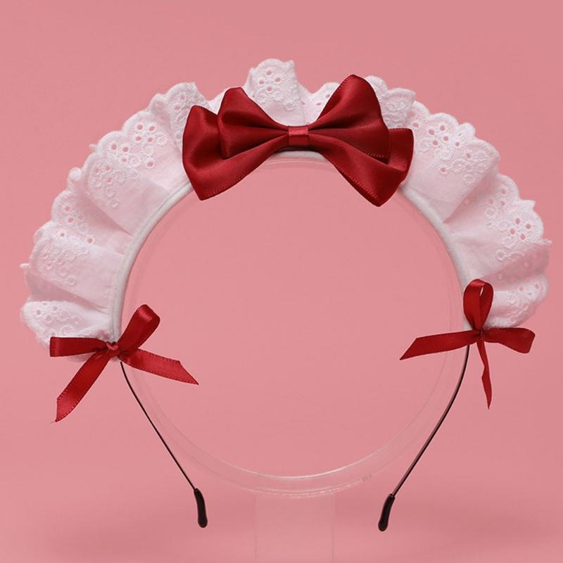 Lovely Sweet Hairband Anime Maid Cosplay Headband Lolita Ruffled Lace Headwear Handmade Satin Bowknot Hair Accessory