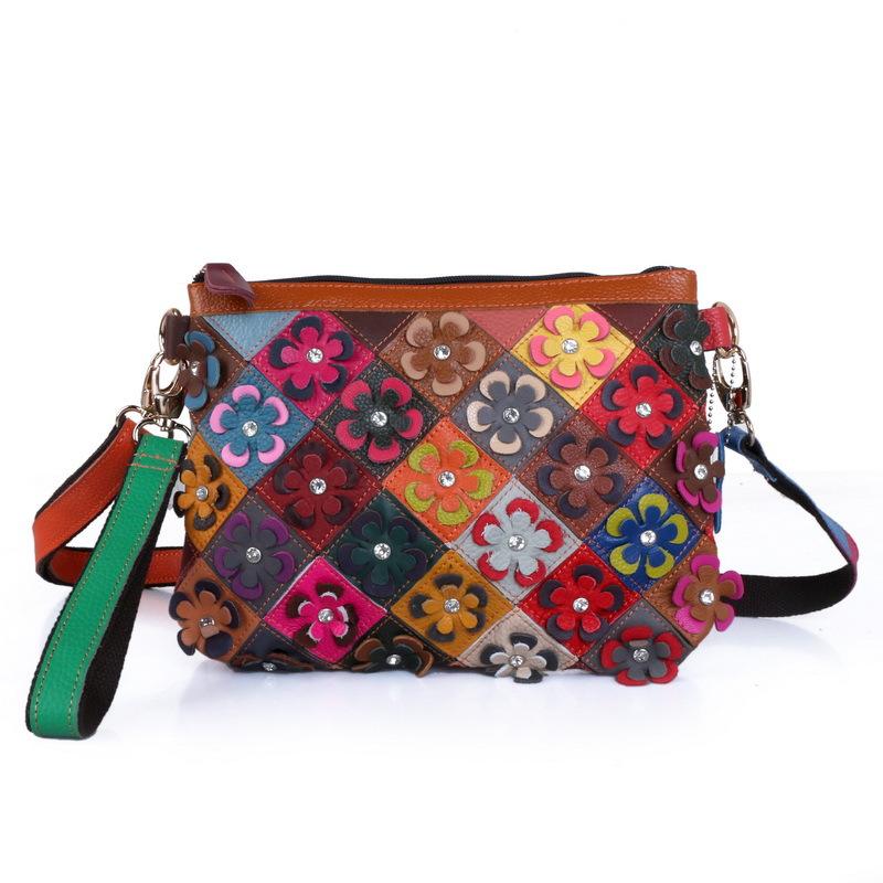 Bags Women'S Bags Sheepskin Portable Shoulder Messenger Bags Splicing Retro Flower Bags