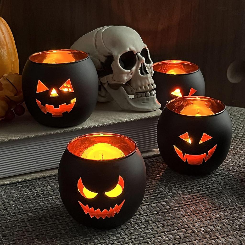 Halloween Table Decor Set of 6, Jack O Lanterns Black Glass Votive Tealight Candle Holders, Halloween Decorations Indoor Party Mantel Coffe Table