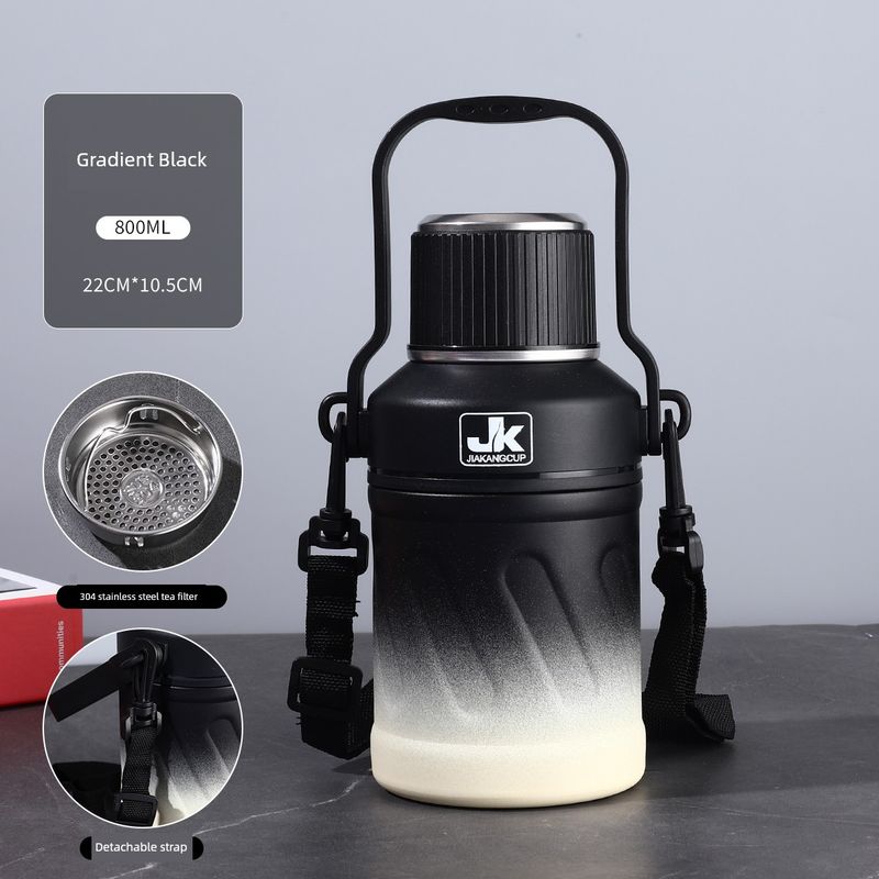 

Jia Kang All-Steel Large-Capacity Insulated Cup for Men and Women, Student Water Bottle with Double Lid, Outdoor Portable Strap Handle Water Bottle Gradient Black 800ml
