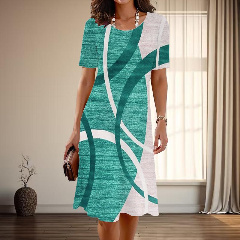 

Женская мода изящные геометрические узоры принт лето весна короткий рукав О-образный вырез повседневные платья 3XL