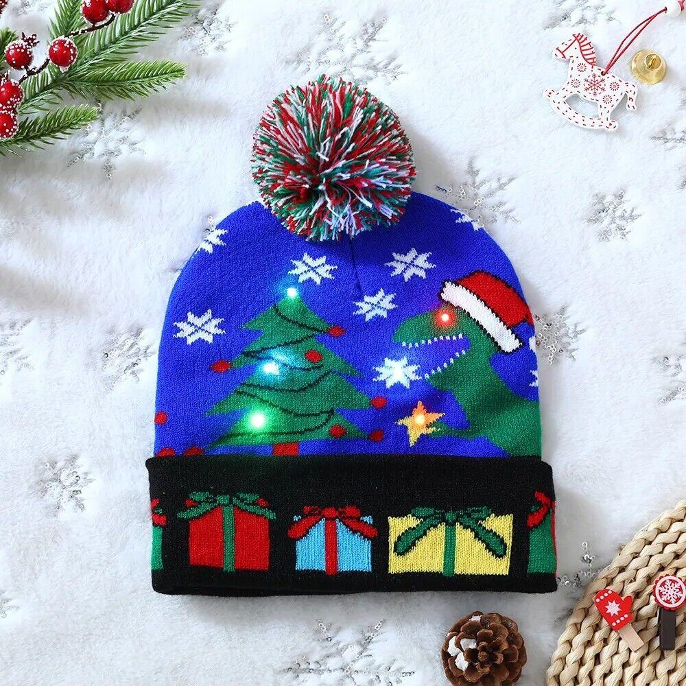 Christmas Themed Light Up Beanie with LED Lights Xmas Gift for Kids Adult