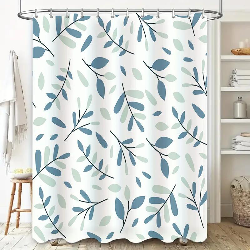 Modern Bathroom Shower Curtain Set Blue Leaves Print, Waterproof Fabric with Hook Rings Decorative Window Hanging Liner for Home