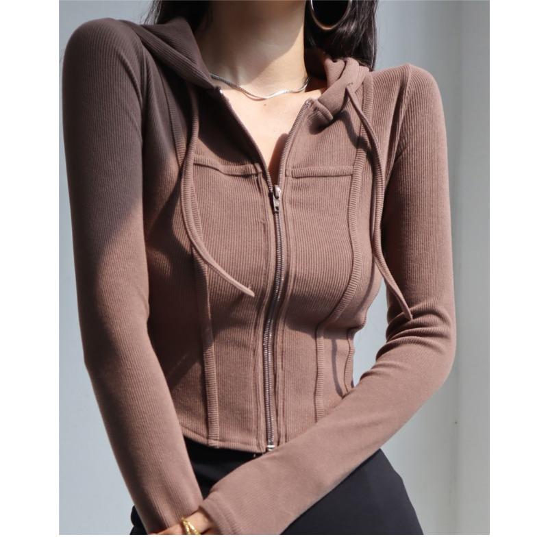 

Спортивный стиль Европейский и американский пикантный кардиган с капюшоном для девушек короткая куртка женская высокая талия облегающий универсальный тонкий топ с длинным рукавом Pure Desire L коричневый
