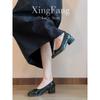 Cowhide version~ Leather bow light mouth single shoes women's new retro green round head one-pedal temperament high heels