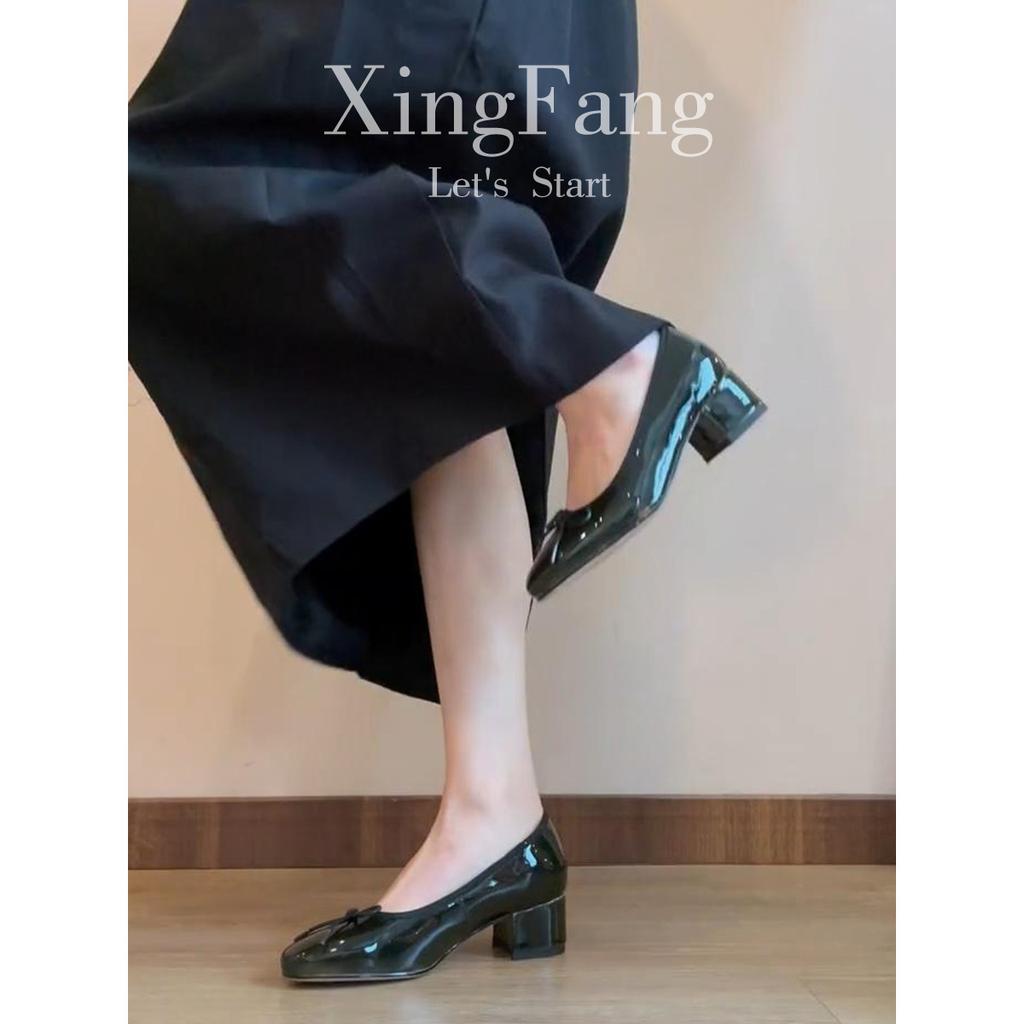 Cowhide Version~ Leather Bow Light Mouth Single Shoes Women's New Retro Green Round Head One-pedal Temperament High Heels