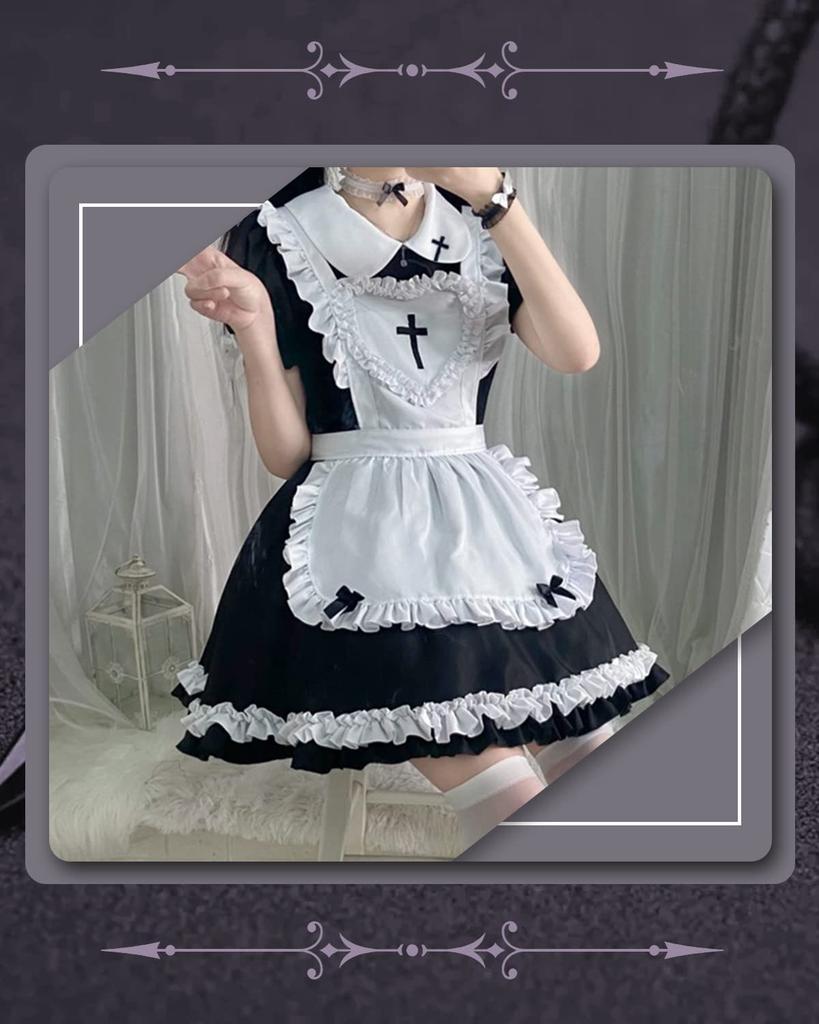 Cosplay Dienstmädchenkleidung Dienstmädchenschürze Gothic Lolita Lolita Süßes Halloweenkostüm Verkleidung A [JIURUN] (L, Dienstmädchen)
