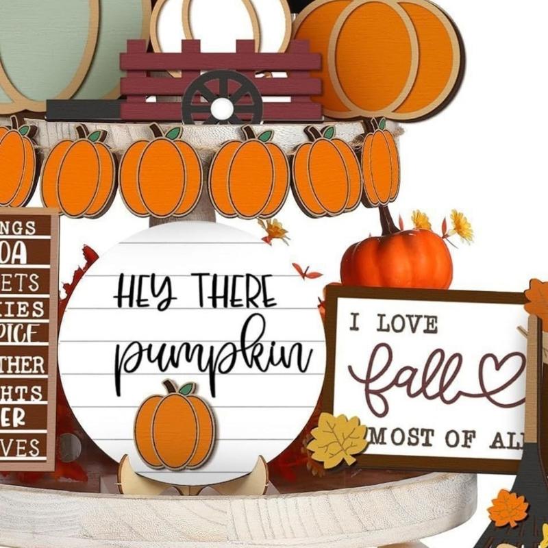 Set of 15 Fall Tiered Tray Decors Autumn Wood Sign Rustics Farmhouse Decors Table Centerpieces for Home Decorations