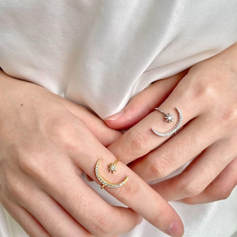 Korean Style Couple Ring Rhinestone Crescent Moon Ring Retro Star Moon Opening Rings  Friend