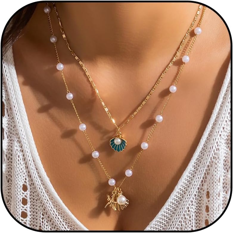 YANCHUN Shell Necklace Beach Jewelry for Women Sea Shell Necklace Layered Gold Shell Charm Necklaces Summer Outfits for Women Beach Fashion
