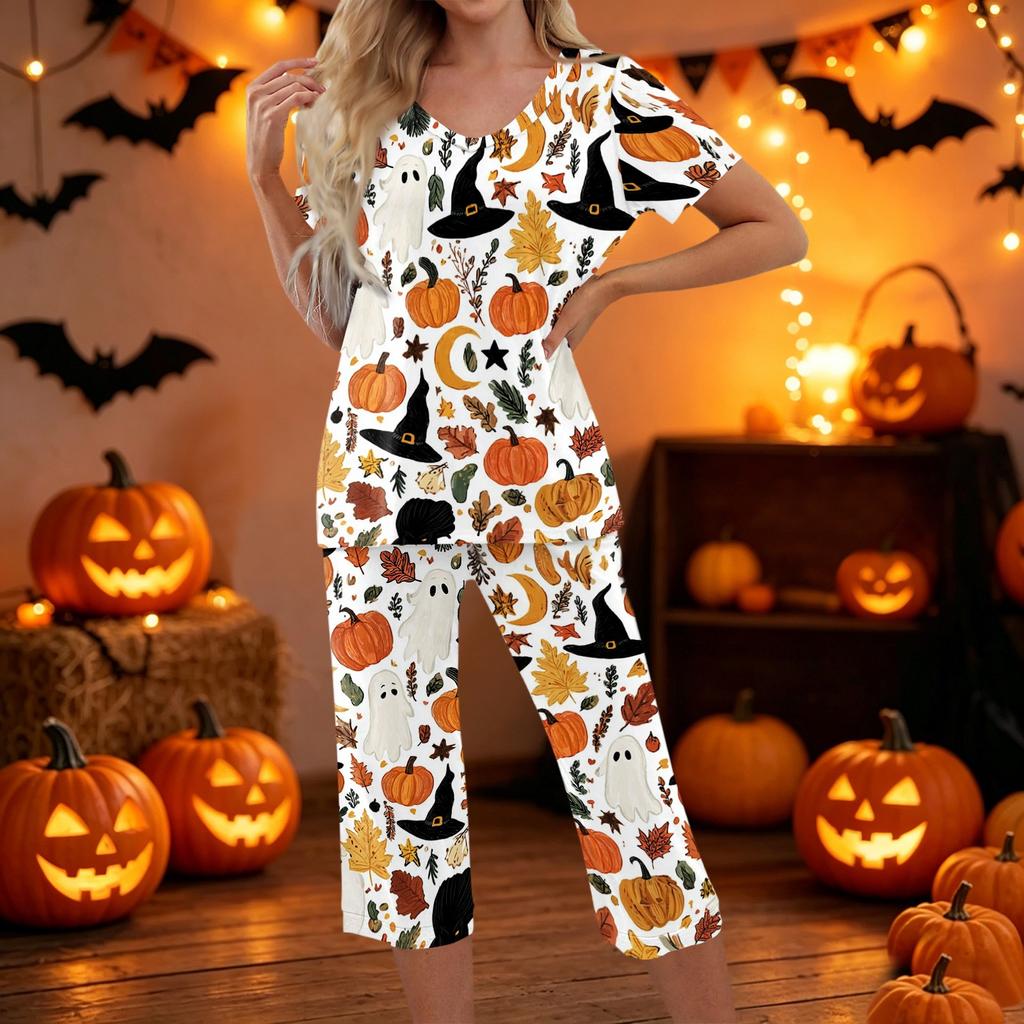 Women Two Piece Halloween Print Set Short Sleeve Top and Cropped Pants Casual Sportswear Outfit for Daily Wear Lounge Home