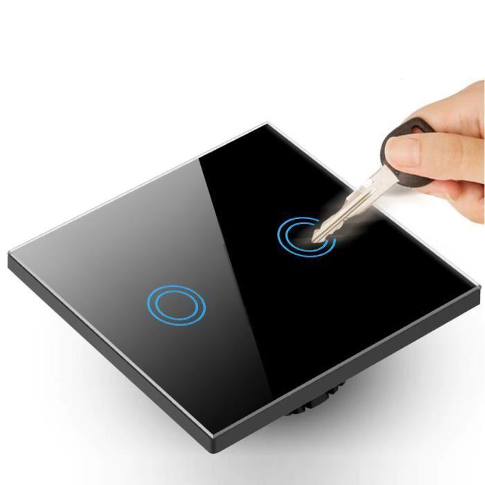 Interrupteur d'éclairage - led - verre noir - 2 boutons - étanche - design moderne