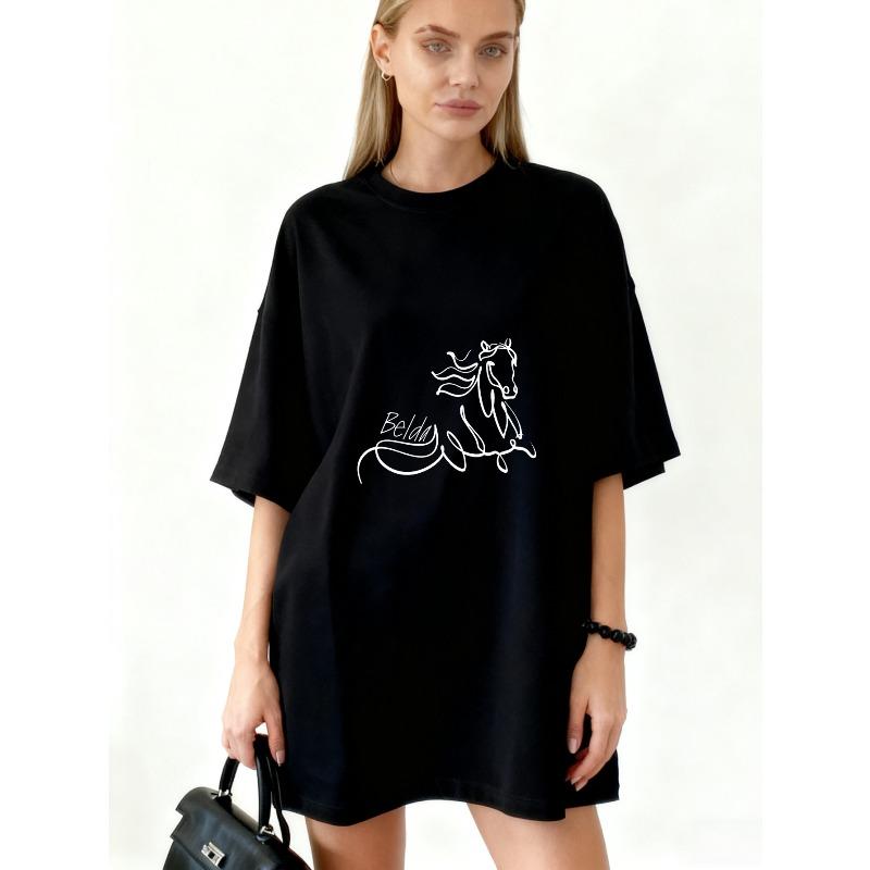 

Oversized T Shirt Dress Black Horse Graphic And Beldi Text Casual Wear XXXXL чорний