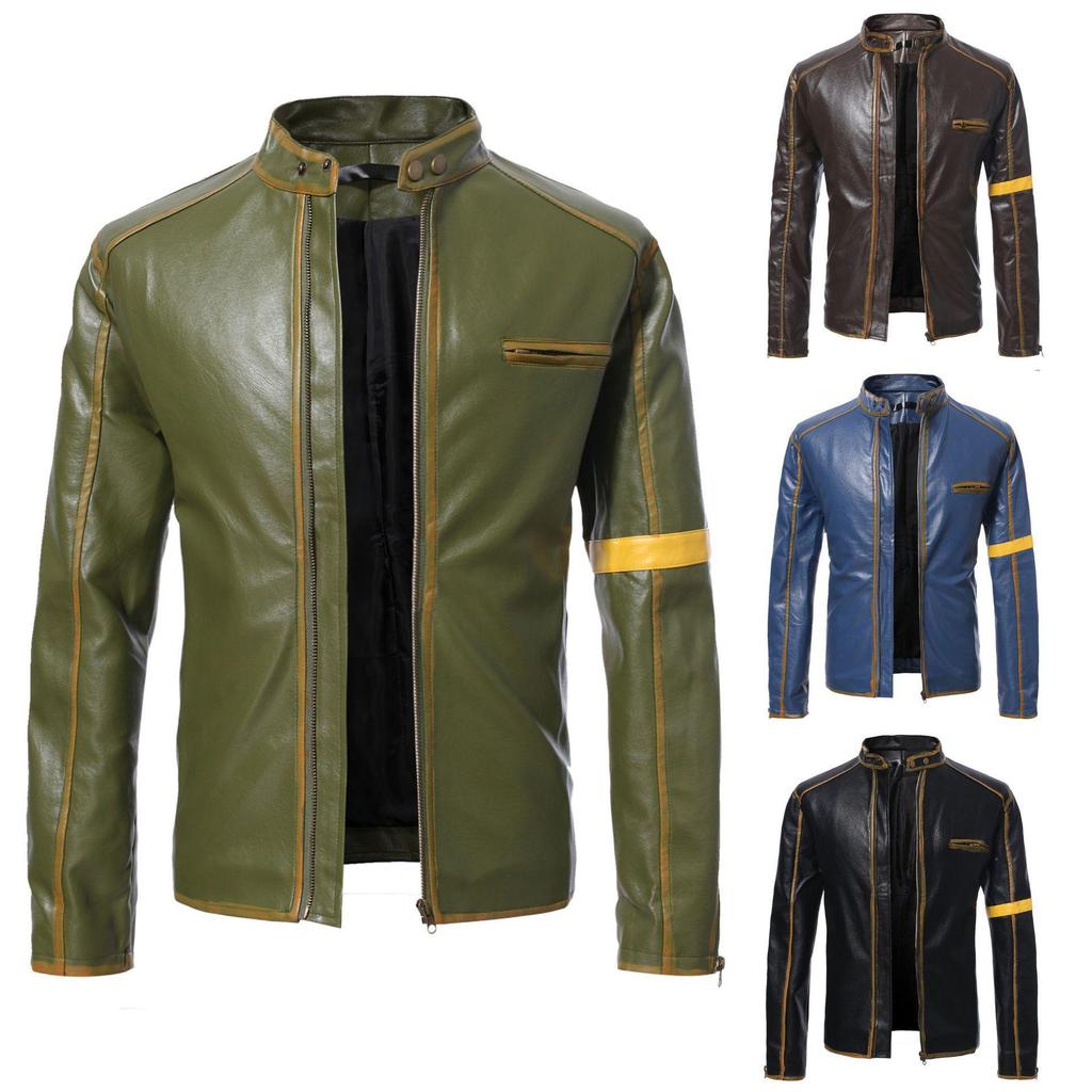 European & American Men's Stand Collar Punk Motorcycle Leather Jacket for Teens and Adults