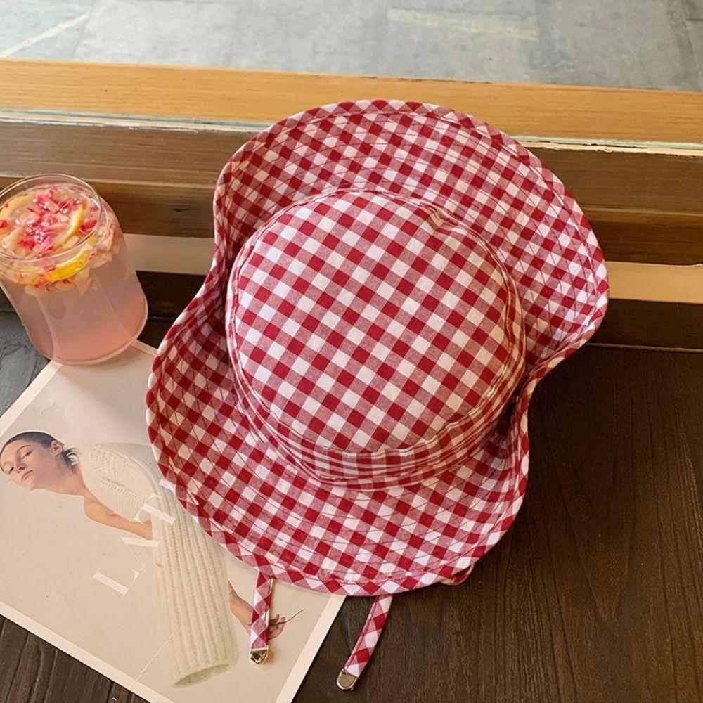 Fashion Vintage Bucket Hats Sweet Lace-up Plaids Versatile Fisherman's Hat Big Brim Sun Protection Sun Hat Summer