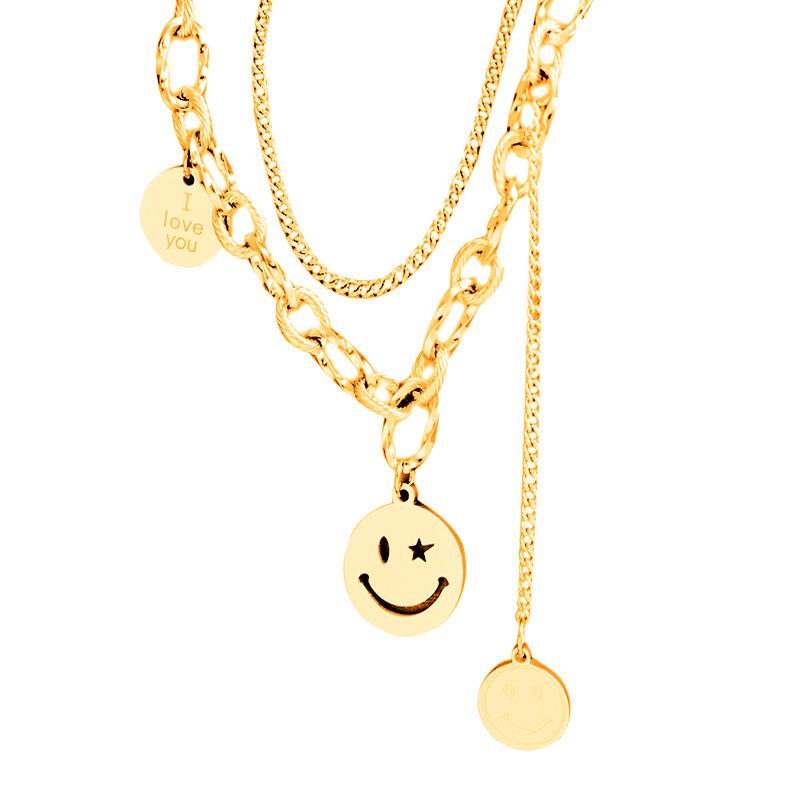 Double Layer Smiley Face Clavicle Necklace - Trendy Titanium Steel Hip Hop Chain for Women