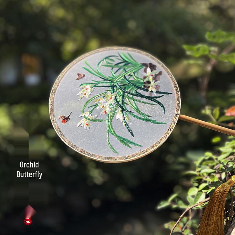 Ventaglio da Palazzo di Suzhou Ricamato su Entrambi i Lati in Stile Antico con Nappa - Ventaglio Rotondo di Bellezza Hanfu Cinese Fatto a Mano