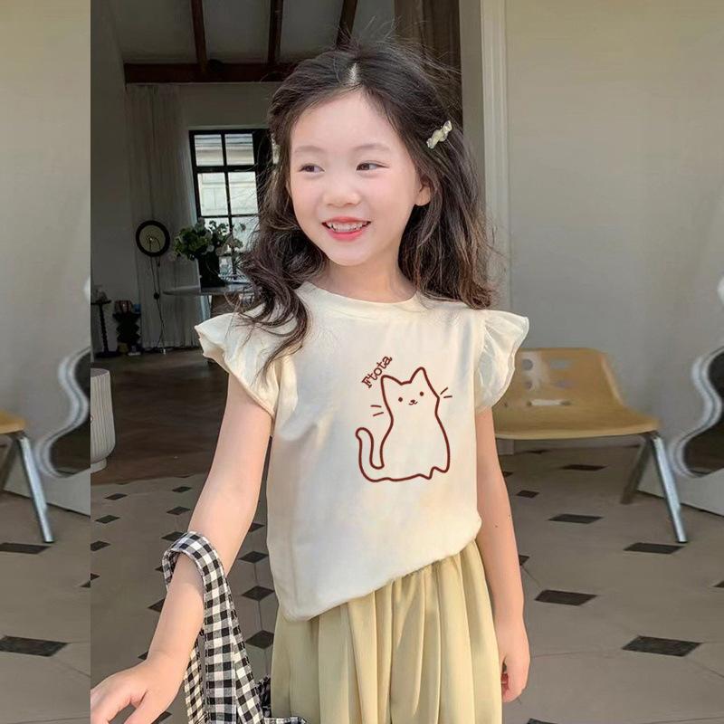 Girls Summer Cotton Cartoon Print T Shirt Trendy Flutter Sleeve Top 90