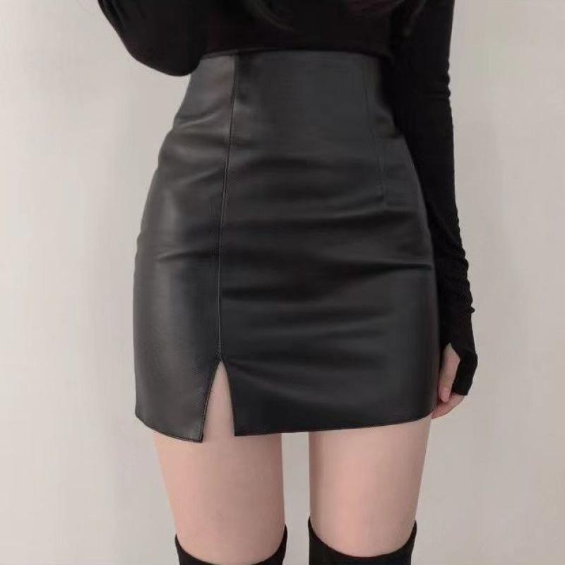 Black Split Small Leather Skirt Half Skirt Slim Fit High Waist Wrap Hip One Step Skirt PU Leather Short Skirt for Women In Autumn and Winter