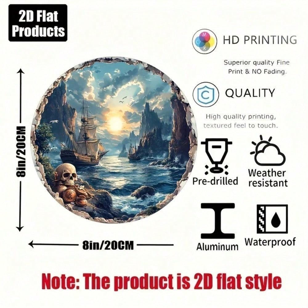 Vintage Retro Metal Sign 8x8 Inch, Round Pirate Bay 2D Flat Aluminum Wall Decor for Home Bar Kitchen Cafe