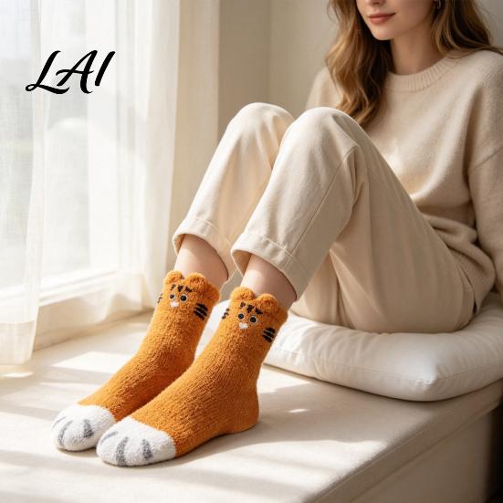 Winter Gifts for Girlfriends Cute Cat Paw Socks Women Fuzzy Socks Cozy Soft Plush Embroidered Women Animal Slipper Warm Coral Fleece Sleeping Autumn