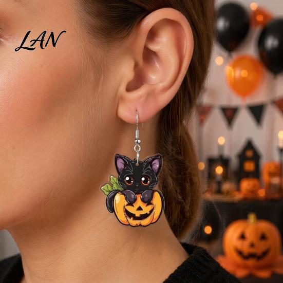 Orange Black Earrings Halloween Cat Pumpkin Dangle Earrings, Cute Cartoon Animal Drop Jewelry for Women Girls, Novelty Holiday Gift Party Daily