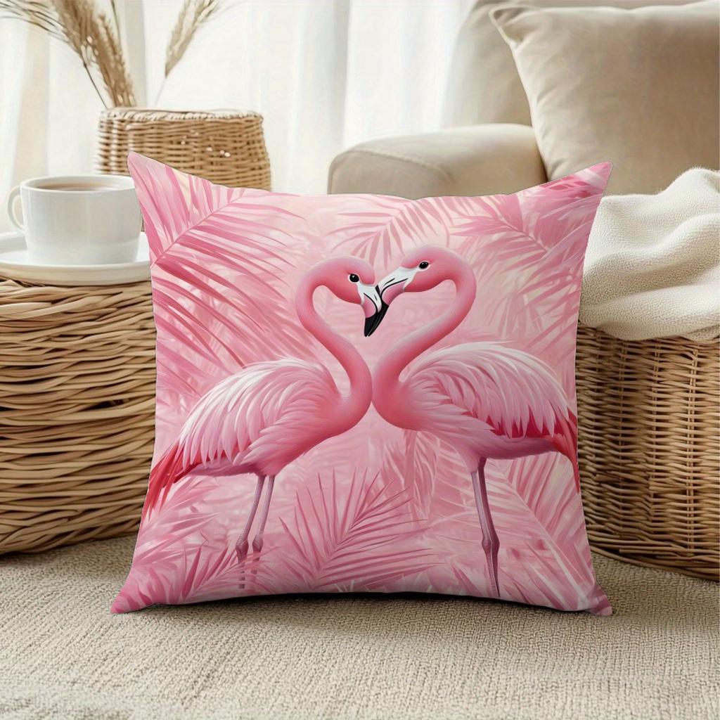 1Pc Heart-Shaped Flamingo Palm Leaf Themed Printed Throw Pillow Cover, Suitable For Sofa, Bedroom, Living Room