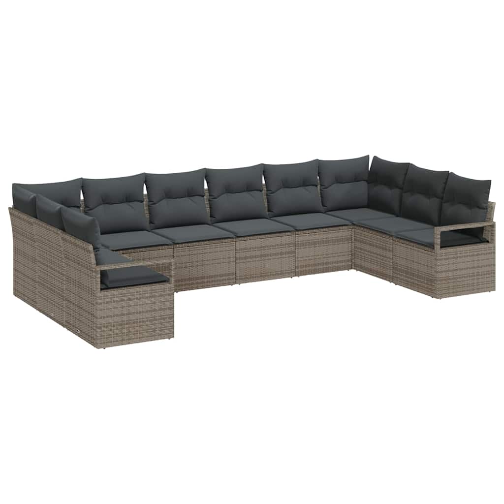 10 Piece Grey Poly Rattan Sofa Set with Cushions