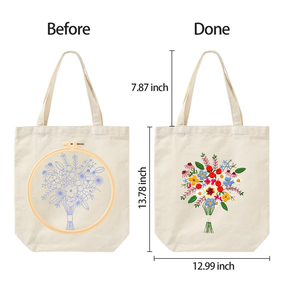 Needlepoint Embroidery Hoops Thread Embroidery Kit Flower Pattern Instructions Canvas Tote Bag