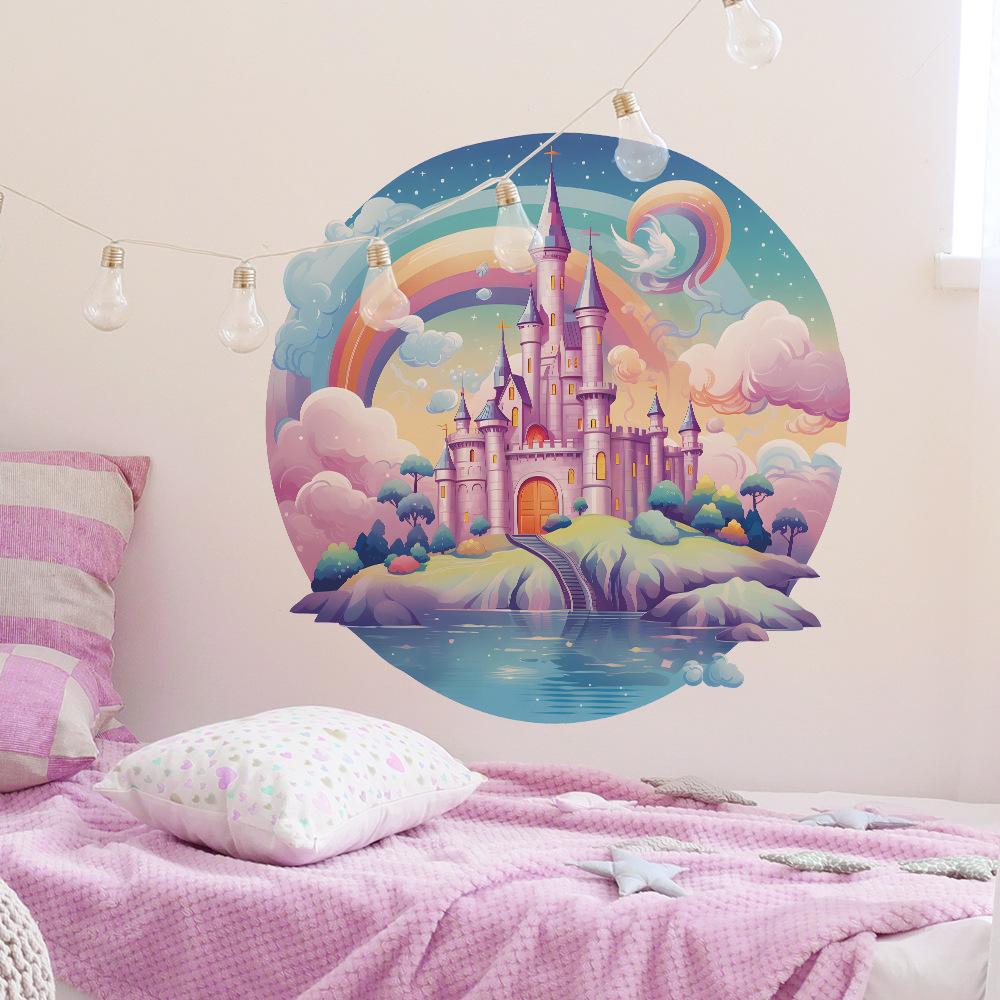 Adesivo da Parete Castello da Sogno Acquerello Cartone Animato Decorazione Parete Camera da Letto Bambini Autoadesivo Dipinto a Mano