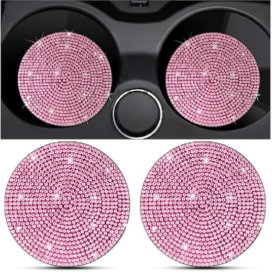 2PCS Bling Car Cup Holder Coaster, Crystal Rhinestone Non-Slip Ert Auto Cup Pads, Sparkling Vehicle Decor Bottle Mat Accessories For Women Girls,