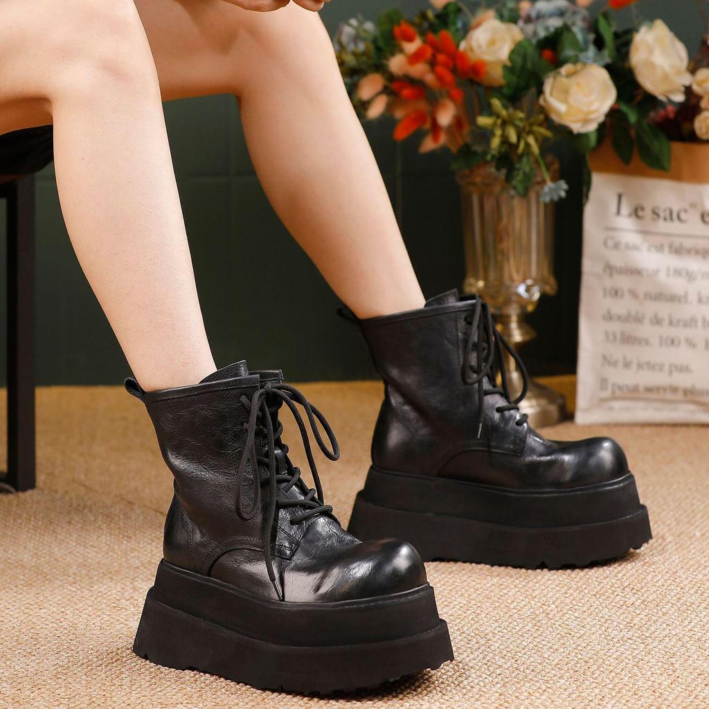 Dámske krátke Martens topánky na malej platforme 2025 Jeseň/Zima - Praná hovädzia koža Šnurovacie krátke topánky